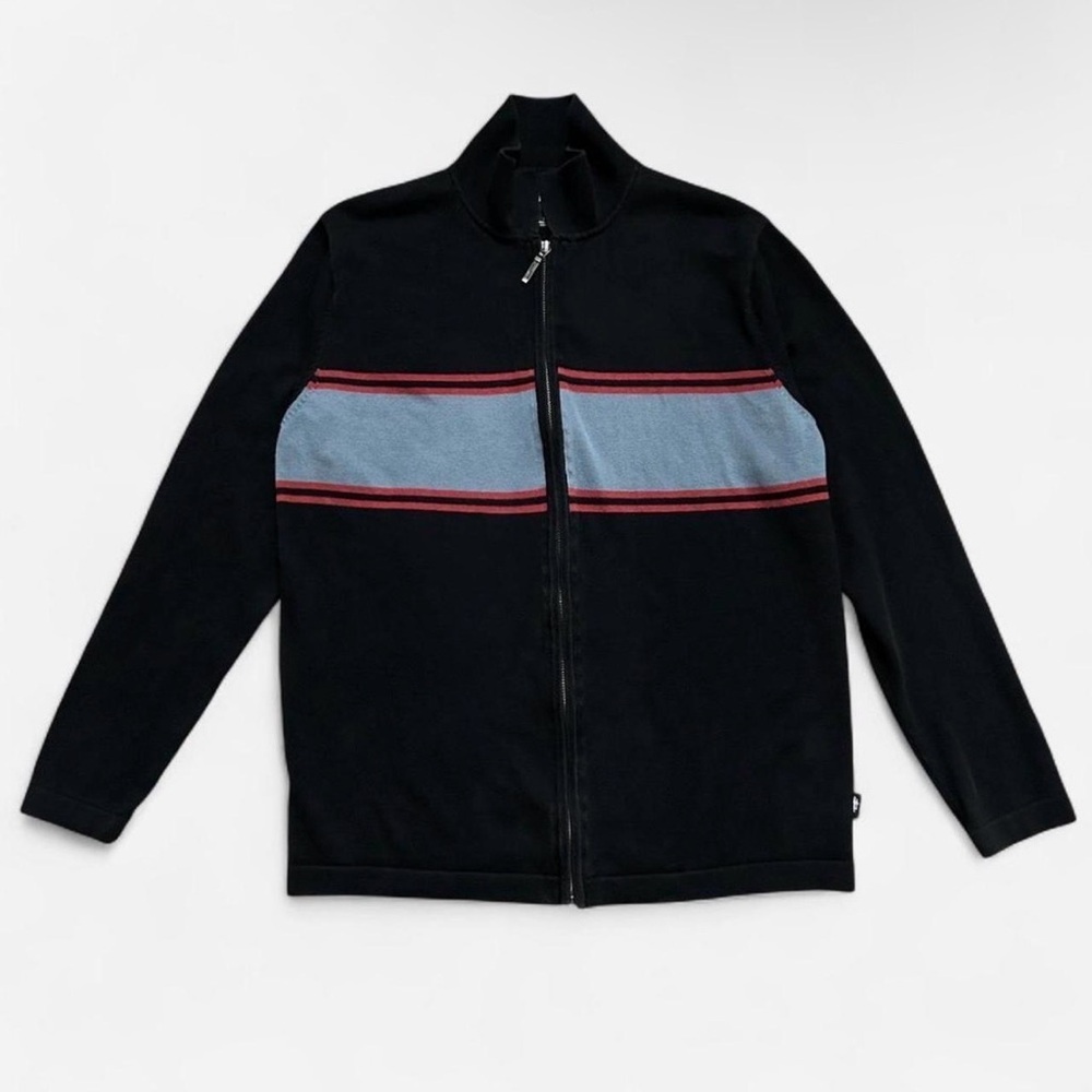 Stussy Mens Black Zip-Up Sweater with Blue Chest Panel and Red Stripes